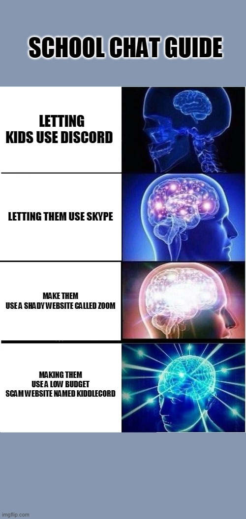 Expanding Brain | SCHOOL CHAT GUIDE; LETTING KIDS USE DISCORD; LETTING THEM USE SKYPE; MAKE THEM USE A SHADY WEBSITE CALLED ZOOM; MAKING THEM USE A LOW BUDGET SCAM WEBSITE NAMED KIDDLECORD | image tagged in memes,expanding brain | made w/ Imgflip meme maker