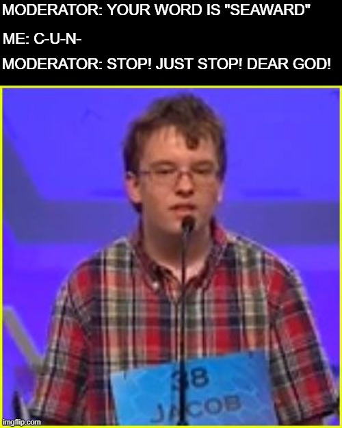 My Boy! | MODERATOR: YOUR WORD IS "SEAWARD"; ME: C-U-N-; MODERATOR: STOP! JUST STOP! DEAR GOD! | image tagged in spelling bee,funny,funny memes | made w/ Imgflip meme maker
