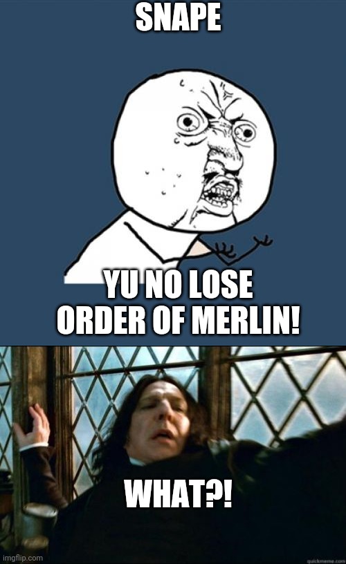SNAPE; YU NO LOSE ORDER OF MERLIN! WHAT?! | image tagged in memes,y u no,snape | made w/ Imgflip meme maker