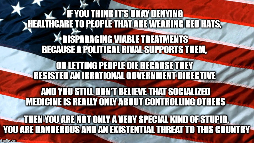 Special Kind of Stupid | IF YOU THINK IT'S OKAY DENYING HEALTHCARE TO PEOPLE THAT ARE WEARING RED HATS, DISPARAGING VIABLE TREATMENTS BECAUSE A POLITICAL RIVAL SUPPORTS THEM, OR LETTING PEOPLE DIE BECAUSE THEY RESISTED AN IRRATIONAL GOVERNMENT DIRECTIVE; AND YOU STILL DON'T BELIEVE THAT SOCIALIZED MEDICINE IS REALLY ONLY ABOUT CONTROLLING OTHERS; THEN YOU ARE NOT ONLY A VERY SPECIAL KIND OF STUPID,
YOU ARE DANGEROUS AND AN EXISTENTIAL THREAT TO THIS COUNTRY | image tagged in american flag | made w/ Imgflip meme maker
