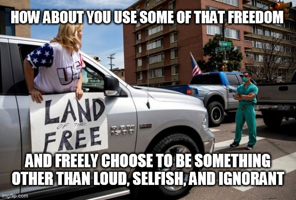 freedom! | HOW ABOUT YOU USE SOME OF THAT FREEDOM; AND FREELY CHOOSE TO BE SOMETHING OTHER THAN LOUD, SELFISH, AND IGNORANT | image tagged in freedom | made w/ Imgflip meme maker