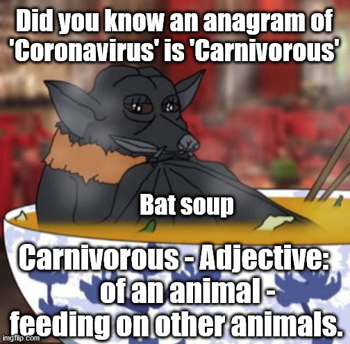 Coronavirus anagram | Did you know an anagram of 'Coronavirus' is 'Carnivorous'; Carnivorous - Adjective: 

    of an animal - feeding on other animals. Bat soup | image tagged in corona bat,corona virus,covid-19,covid19,covid 19,coronavirus meme | made w/ Imgflip meme maker