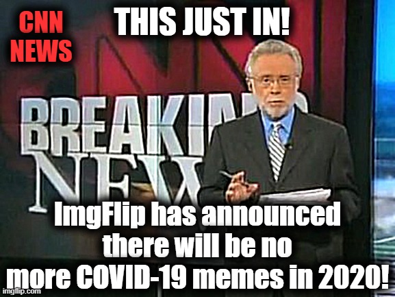 CNN reported this?? Then it's obviously false! lol | CNN NEWS; THIS JUST IN! ImgFlip has announced there will be no more COVID-19 memes in 2020! | image tagged in cnn breaking news,lies,cnn fake news,covid-19 | made w/ Imgflip meme maker