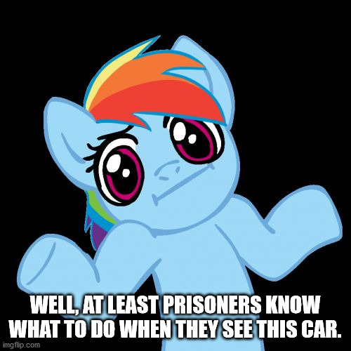 Pony Shrugs Meme | WELL, AT LEAST PRISONERS KNOW WHAT TO DO WHEN THEY SEE THIS CAR. | image tagged in memes,pony shrugs | made w/ Imgflip meme maker