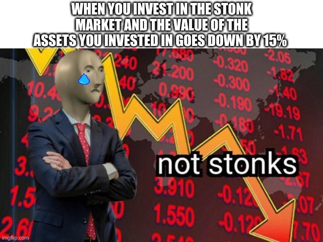 Not stonks | WHEN YOU INVEST IN THE STONK MARKET AND THE VALUE OF THE ASSETS YOU INVESTED IN GOES DOWN BY 15% | image tagged in not stonks | made w/ Imgflip meme maker