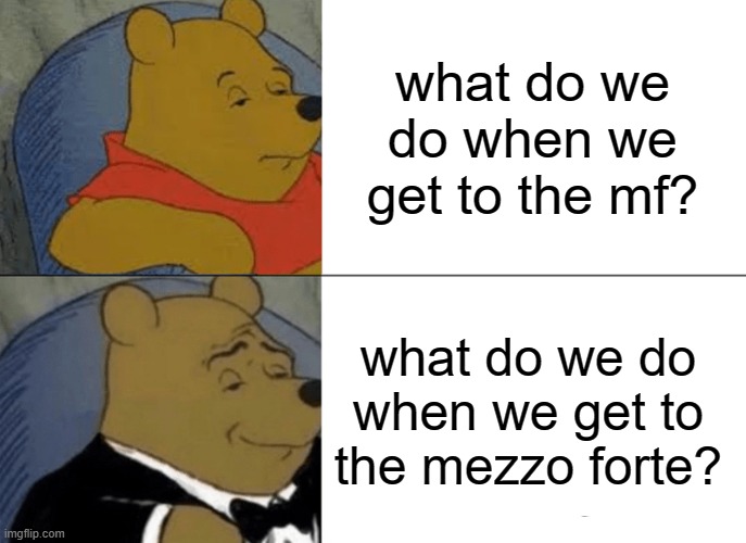 Tuxedo Winnie The Pooh | what do we do when we get to the mf? what do we do when we get to the mezzo forte? | image tagged in memes,tuxedo winnie the pooh | made w/ Imgflip meme maker