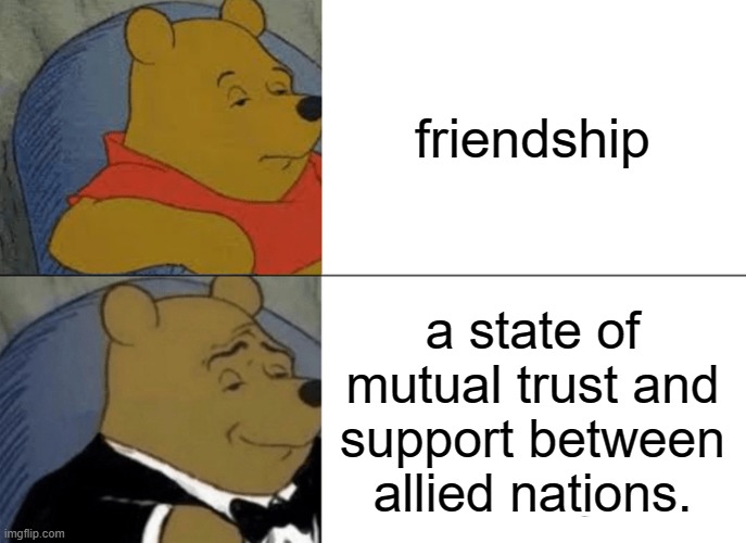 Tuxedo Winnie The Pooh Meme | friendship; a state of mutual trust and support between allied nations. | image tagged in memes,tuxedo winnie the pooh | made w/ Imgflip meme maker