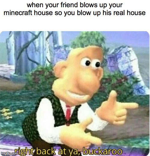 when your friend blows up your minecraft house so you blow up his real house | image tagged in buckaroo,minecraft | made w/ Imgflip meme maker