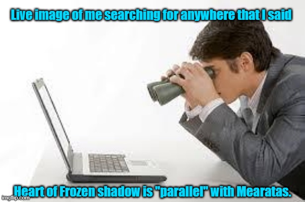 Searching Computer | Live image of me searching for anywhere that I said; Heart of Frozen shadow is "parallel" with Mearatas. | image tagged in searching computer | made w/ Imgflip meme maker