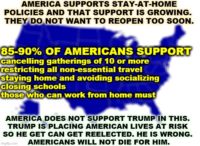 Trump will kill to get reelected. Not himself. You. | AMERICA SUPPORTS STAY-AT-HOME POLICIES AND THAT SUPPORT IS GROWING. 
THEY DO NOT WANT TO REOPEN TOO SOON. 85-90% OF AMERICANS SUPPORT; cancelling gatherings of 10 or more
restricting all non-essential travel
staying home and avoiding socializing
closing schools
those who can work from home must; AMERICA DOES NOT SUPPORT TRUMP IN THIS. 
TRUMP IS PLACING AMERICAN LIVES AT RISK 
SO HE GET CAN GET REELECTED. HE IS WRONG. 
AMERICANS WILL NOT DIE FOR HIM. | image tagged in united states map blue,trump,coronavirus,covid-19,election 2020,murderer | made w/ Imgflip meme maker