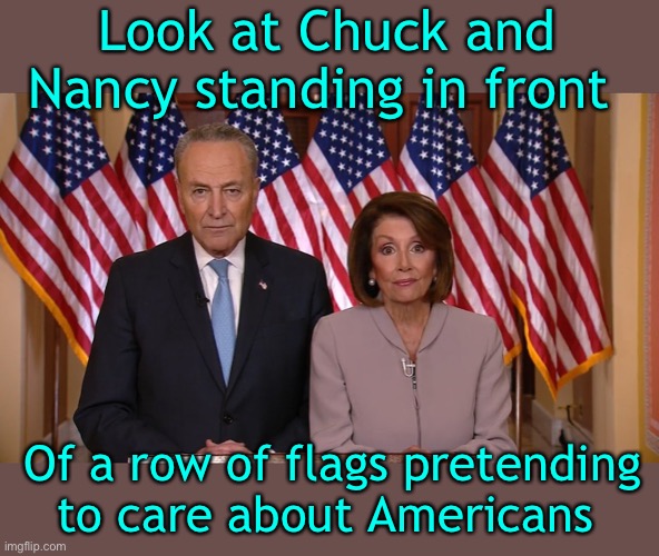 If someone could photoshop the American flags out before I throw up | Look at Chuck and Nancy standing in front; Of a row of flags pretending to care about Americans | image tagged in chuck and nancy,traitors to the american people,vote buyers,hypocrites | made w/ Imgflip meme maker