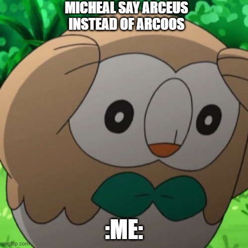 Rowlet Meme Template | MICHEAL SAY ARCEUS INSTEAD OF ARCOOS; :ME: | image tagged in rowlet meme template | made w/ Imgflip meme maker