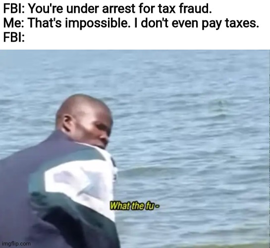 What the fu- |  FBI: You're under arrest for tax fraud.
Me: That's impossible. I don't even pay taxes.
FBI: | image tagged in what the fu-,fbi,taxes,memes,funny,fraud | made w/ Imgflip meme maker