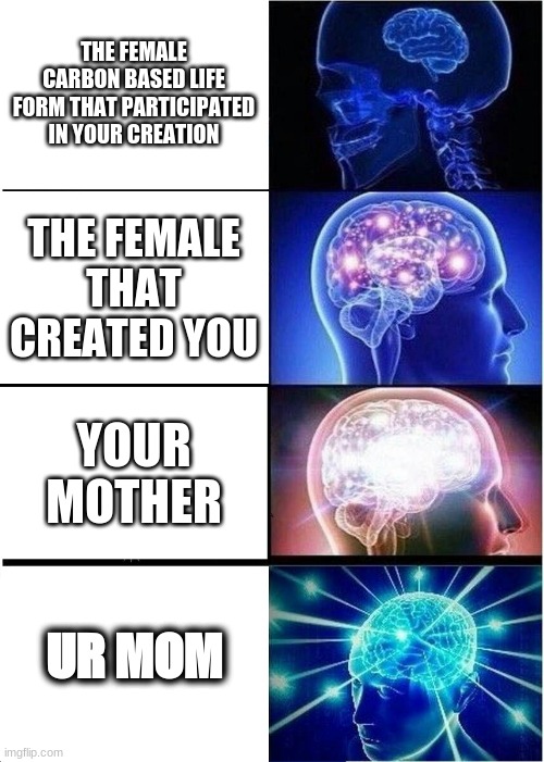 Expanding Brain | THE FEMALE CARBON BASED LIFE FORM THAT PARTICIPATED IN YOUR CREATION; THE FEMALE THAT CREATED YOU; YOUR MOTHER; UR MOM | image tagged in memes,expanding brain | made w/ Imgflip meme maker