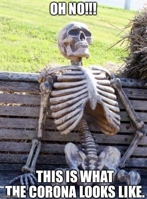 Waiting Skeleton | OH NO!!! THIS IS WHAT THE CORONA LOOKS LIKE. | image tagged in memes,waiting skeleton | made w/ Imgflip meme maker