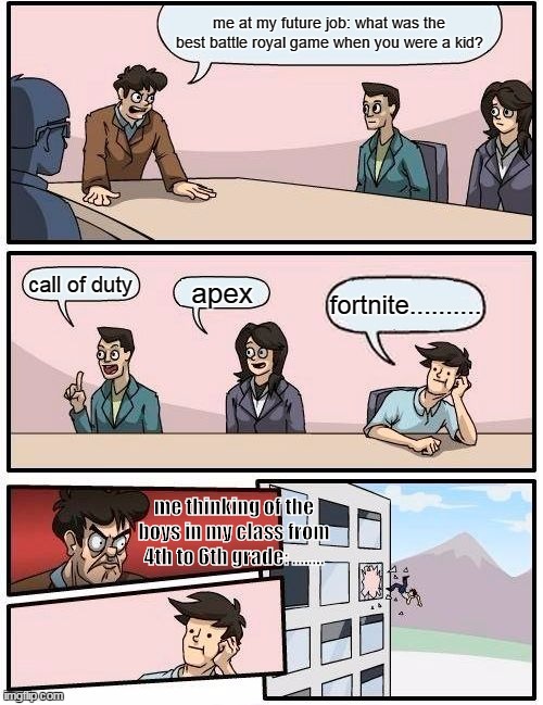 Boardroom Meeting Suggestion Meme | me at my future job: what was the best battle royal game when you were a kid? call of duty; apex; fortnite.......... me thinking of the boys in my class from 4th to 6th grade: ........ | image tagged in memes,boardroom meeting suggestion | made w/ Imgflip meme maker