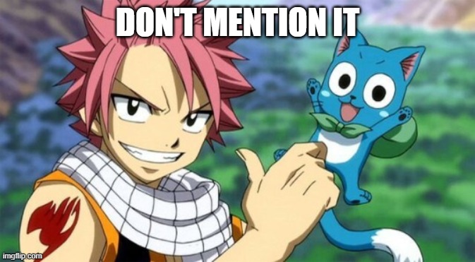thumbs up natsu and happy | DON'T MENTION IT | image tagged in thumbs up natsu and happy | made w/ Imgflip meme maker