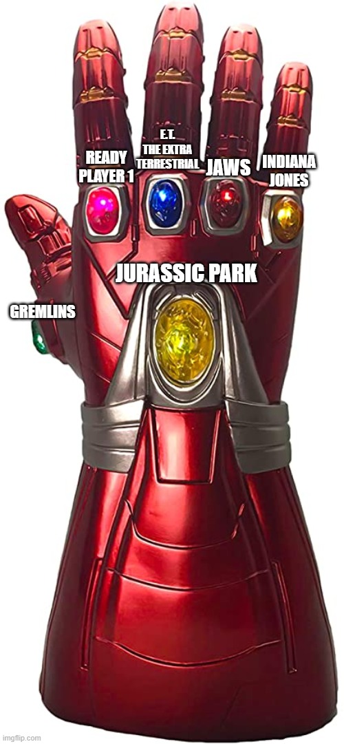 Steven Spielberg's Infinity Gauntlet | E.T. THE EXTRA TERRESTRIAL; READY PLAYER 1; INDIANA JONES; JAWS; JURASSIC PARK; GREMLINS | image tagged in infinity gauntlet,steven spielberg | made w/ Imgflip meme maker