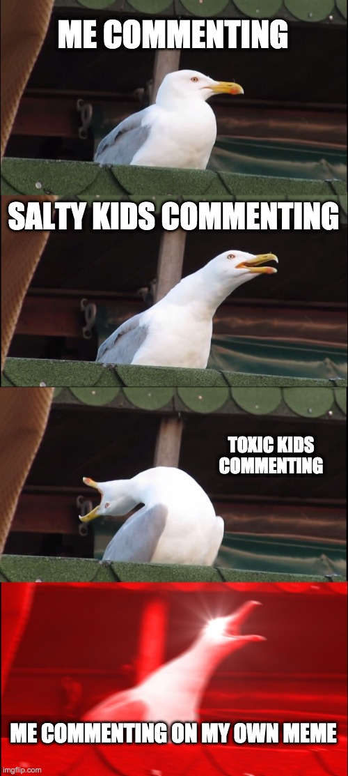 Inhaling Seagull Meme | ME COMMENTING SALTY KIDS COMMENTING TOXIC KIDS COMMENTING ME COMMENTING ON MY OWN MEME | image tagged in memes,inhaling seagull | made w/ Imgflip meme maker