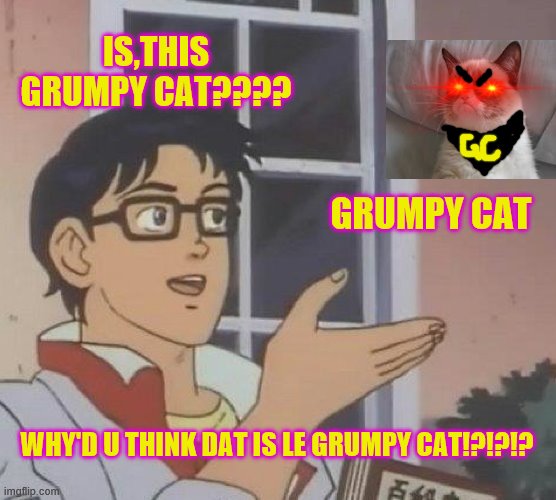 Is This A Pigeon Meme | IS,THIS GRUMPY CAT???? GRUMPY CAT; WHY'D U THINK DAT IS LE GRUMPY CAT!?!?!? | image tagged in memes,is this a pigeon | made w/ Imgflip meme maker