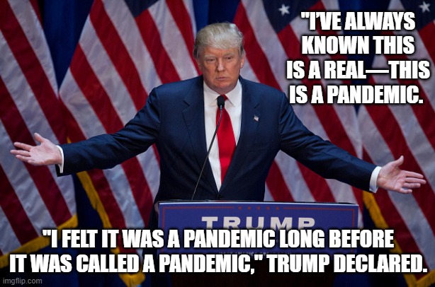 When you have to cite Trump's own CYA words, because some folks out there still refuse to acknowledge Covid-19 is a "pandemic." | "I’VE ALWAYS KNOWN THIS IS A REAL—THIS IS A PANDEMIC. "I FELT IT WAS A PANDEMIC LONG BEFORE IT WAS CALLED A PANDEMIC," TRUMP DECLARED. | image tagged in donald trump,covid-19,coronavirus,pandemic,trump is a moron,conspiracy theory | made w/ Imgflip meme maker