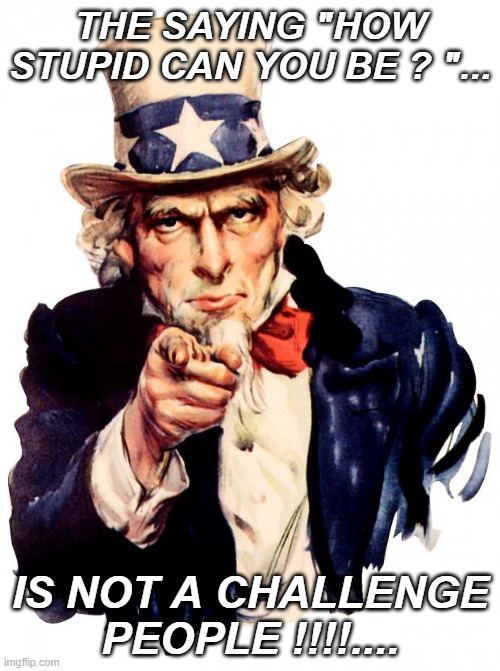 Uncle Sam | THE SAYING "HOW STUPID CAN YOU BE ? "... IS NOT A CHALLENGE PEOPLE !!!!.... | image tagged in memes,uncle sam | made w/ Imgflip meme maker