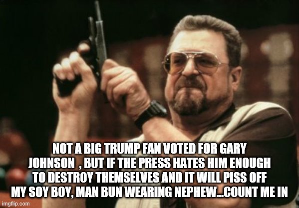 Am I The Only One Around Here Meme | NOT A BIG TRUMP FAN VOTED FOR GARY JOHNSON  , BUT IF THE PRESS HATES HIM ENOUGH TO DESTROY THEMSELVES AND IT WILL PISS OFF MY SOY BOY, MAN B | image tagged in memes,am i the only one around here | made w/ Imgflip meme maker