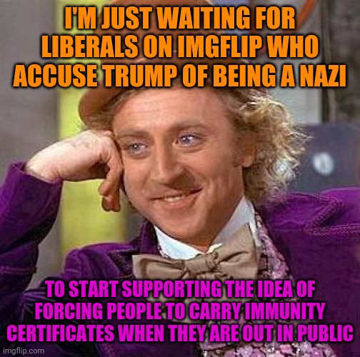 Don't Worry, The Irony Will Be Lost On Liberals | I'M JUST WAITING FOR LIBERALS ON IMGFLIP WHO ACCUSE TRUMP OF BEING A NAZI; TO START SUPPORTING THE IDEA OF FORCING PEOPLE TO CARRY IMMUNITY CERTIFICATES WHEN THEY ARE OUT IN PUBLIC | image tagged in memes,creepy condescending wonka,liberal logic,politics,covid-19 | made w/ Imgflip meme maker