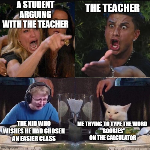 Four panel Taylor Armstrong Pauly D CallmeCarson Cat | A STUDENT ARGUING WITH THE TEACHER; THE TEACHER; THE KID WHO WISHES HE HAD CHOSEN AN EASIER CLASS; ME TRYING TO TYPE THE WORD 
"BOOBIES" ON THE CALCULATOR | image tagged in four panel taylor armstrong pauly d callmecarson cat | made w/ Imgflip meme maker