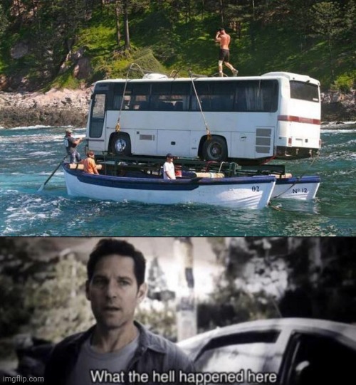 "WE'RE GOING DOWN RIVER, AND WE'RE TAKING THE BUS" | image tagged in what the hell happened here,memes,wtf | made w/ Imgflip meme maker