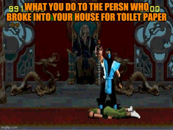 Sub Zero Fatality Mortal Kombat | WHAT YOU DO TO THE PERSN WHO BROKE INTO YOUR HOUSE FOR TOILET PAPER | image tagged in sub zero fatality mortal kombat | made w/ Imgflip meme maker