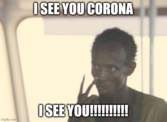 I'm The Captain Now Meme | I SEE YOU CORONA; I SEE YOU!!!!!!!!!! | image tagged in memes,i'm the captain now | made w/ Imgflip meme maker