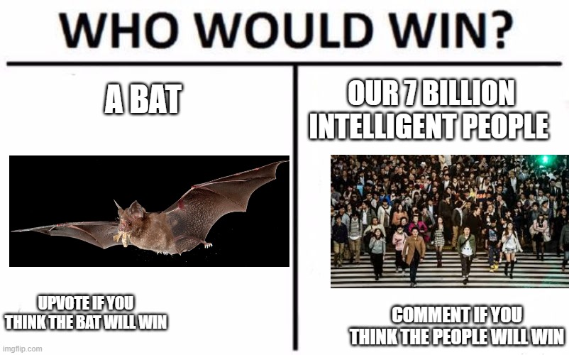 Who Would Win? Meme | A BAT; OUR 7 BILLION INTELLIGENT PEOPLE; UPVOTE IF YOU THINK THE BAT WILL WIN; COMMENT IF YOU THINK THE PEOPLE WILL WIN | image tagged in memes,who would win | made w/ Imgflip meme maker