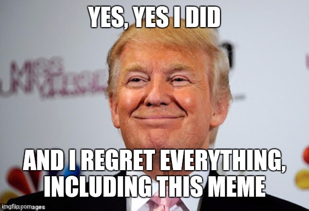 Donald trump approves | YES, YES I DID AND I REGRET EVERYTHING, INCLUDING THIS MEME | image tagged in donald trump approves | made w/ Imgflip meme maker