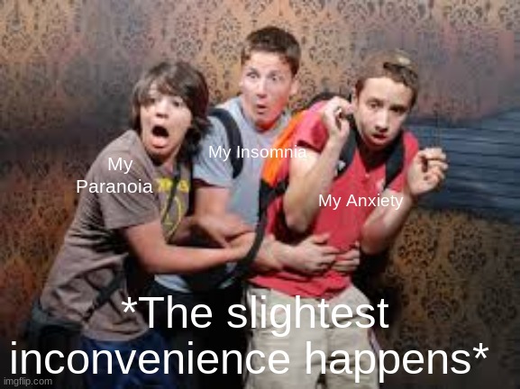 School vibes | My Insomnia; My Paranoia; My Anxiety; *The slightest inconvenience happens* | image tagged in school,anxiety,paranoid | made w/ Imgflip meme maker