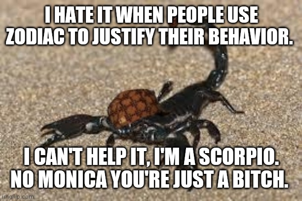 Scumbag Scorpion | I HATE IT WHEN PEOPLE USE ZODIAC TO JUSTIFY THEIR BEHAVIOR. I CAN'T HELP IT, I'M A SCORPIO. NO MONICA YOU'RE JUST A BITCH. | image tagged in scumbag scorpion | made w/ Imgflip meme maker