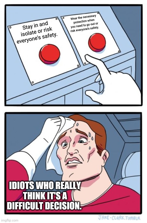 Two Buttons Meme | Wear the necessary protection when you need to go out or risk everyone's safety. Stay in and isolate or risk everyone's safety. IDIOTS WHO REALLY THINK IT'S A DIFFICULT DECISION. | image tagged in memes,two buttons | made w/ Imgflip meme maker