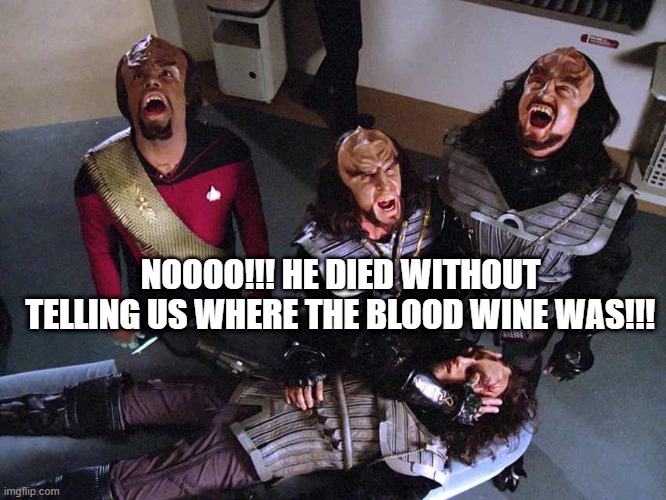 Took That Secret to Sto'VoKor | NOOOO!!! HE DIED WITHOUT TELLING US WHERE THE BLOOD WINE WAS!!! | image tagged in klingon death scream | made w/ Imgflip meme maker