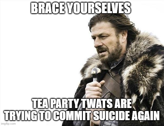 COVID tea party | BRACE YOURSELVES; TEA PARTY TWATS ARE TRYING TO COMMIT SUICIDE AGAIN | image tagged in memes,tea party,donald trump | made w/ Imgflip meme maker