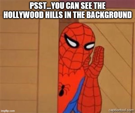 psst spiderman | PSST...YOU CAN SEE THE HOLLYWOOD HILLS IN THE BACKGROUND | image tagged in psst spiderman | made w/ Imgflip meme maker