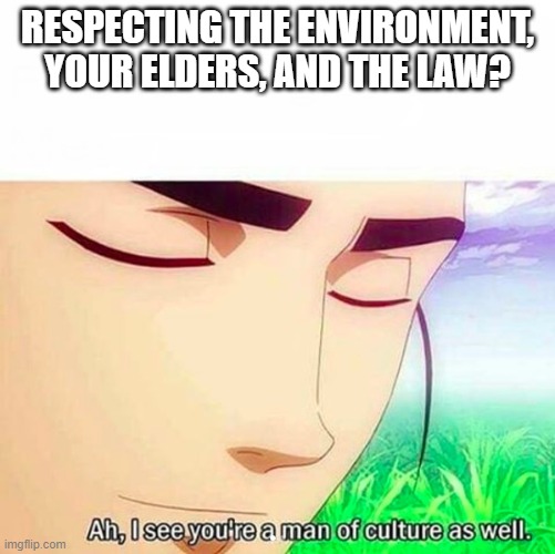 Ah,I see you are a man of culture as well | RESPECTING THE ENVIRONMENT, YOUR ELDERS, AND THE LAW? | image tagged in ah i see you are a man of culture as well | made w/ Imgflip meme maker