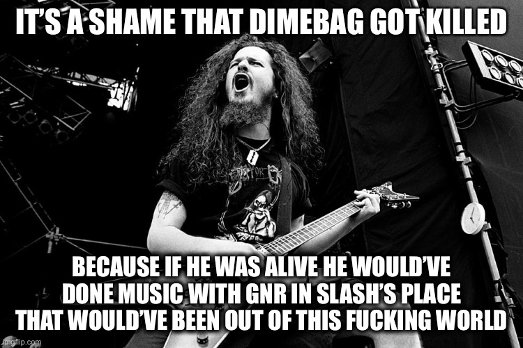 IT’S A SHAME THAT DIMEBAG GOT KILLED BECAUSE IF HE WAS ALIVE HE WOULD’VE DONE MUSIC WITH GNR IN SLASH’S PLACE THAT WOULD’VE BEEN OUT OF THIS | made w/ Imgflip meme maker
