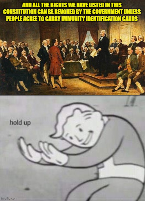 Sorry Liberals, That's Not How the Constitution Works | AND ALL THE RIGHTS WE HAVE LISTED IN THIS CONSTITUTION CAN BE REVOKED BY THE GOVERNMENT UNLESS PEOPLE AGREE TO CARRY IMMUNITY IDENTIFICATION CARDS | image tagged in constitutional convention,fallout hold up,liberal logic,politics,stupid liberals,ConservativeMemes | made w/ Imgflip meme maker
