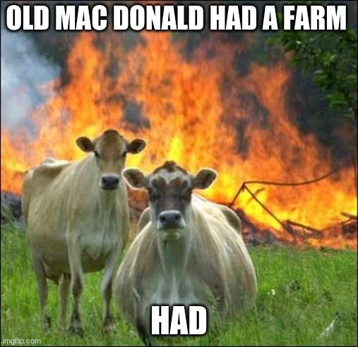 Evil Cows Meme | OLD MAC DONALD HAD A FARM; HAD | image tagged in memes,evil cows,meme,fire | made w/ Imgflip meme maker