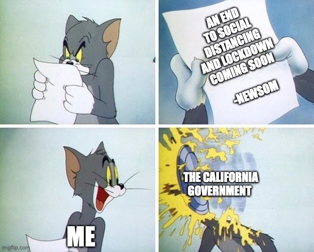 Tom and Jerry custard pie | AN END TO SOCIAL DISTANCING AND LOCKDOWN COMING SOON                 -NEWSOM; THE CALIFORNIA GOVERNMENT; ME | image tagged in tom and jerry custard pie | made w/ Imgflip meme maker