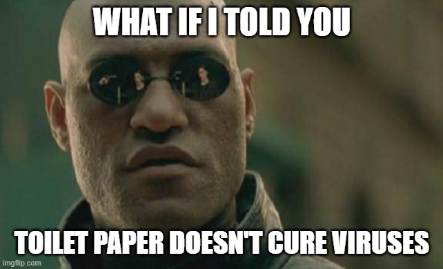 Strange, isn't it? | WHAT IF I TOLD YOU; TOILET PAPER DOESN'T CURE VIRUSES | image tagged in memes,matrix morpheus,coronavirus,corona virus,toilet paper | made w/ Imgflip meme maker