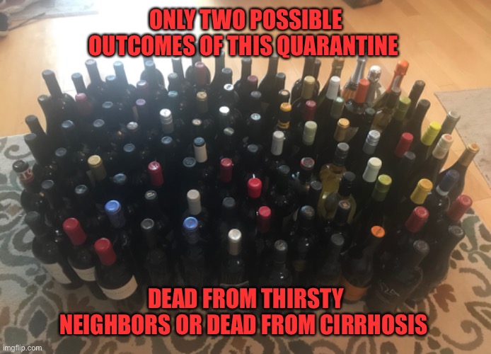 ONLY TWO POSSIBLE OUTCOMES OF THIS QUARANTINE; DEAD FROM THIRSTY NEIGHBORS OR DEAD FROM CIRRHOSIS | image tagged in wine,stay home | made w/ Imgflip meme maker