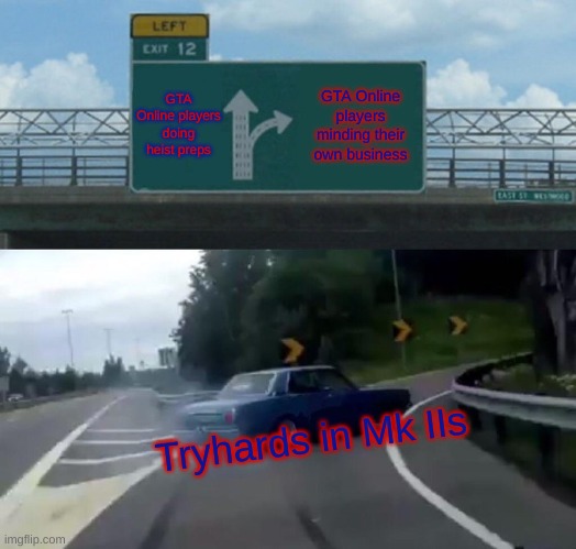 GTA Online Tryhards | GTA Online players doing heist preps; GTA Online players minding their own business; Tryhards in Mk IIs | image tagged in memes,left exit 12 off ramp,gta,gta online | made w/ Imgflip meme maker