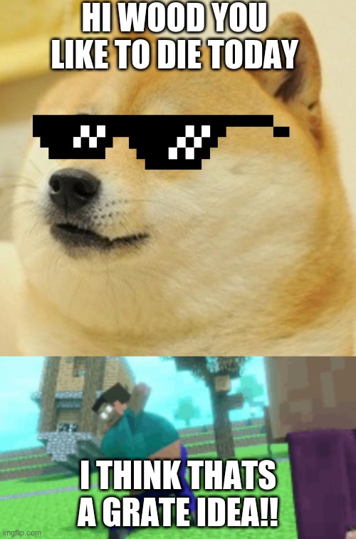 HI WOOD YOU LIKE TO DIE TODAY; I THINK THATS A GRATE IDEA!! | image tagged in memes,doge | made w/ Imgflip meme maker