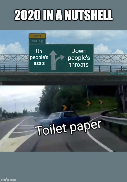 Left Exit 12 Off Ramp | 2020 IN A NUTSHELL; Up people's ass's; Down people's throats; Toilet paper | image tagged in memes,left exit 12 off ramp | made w/ Imgflip meme maker